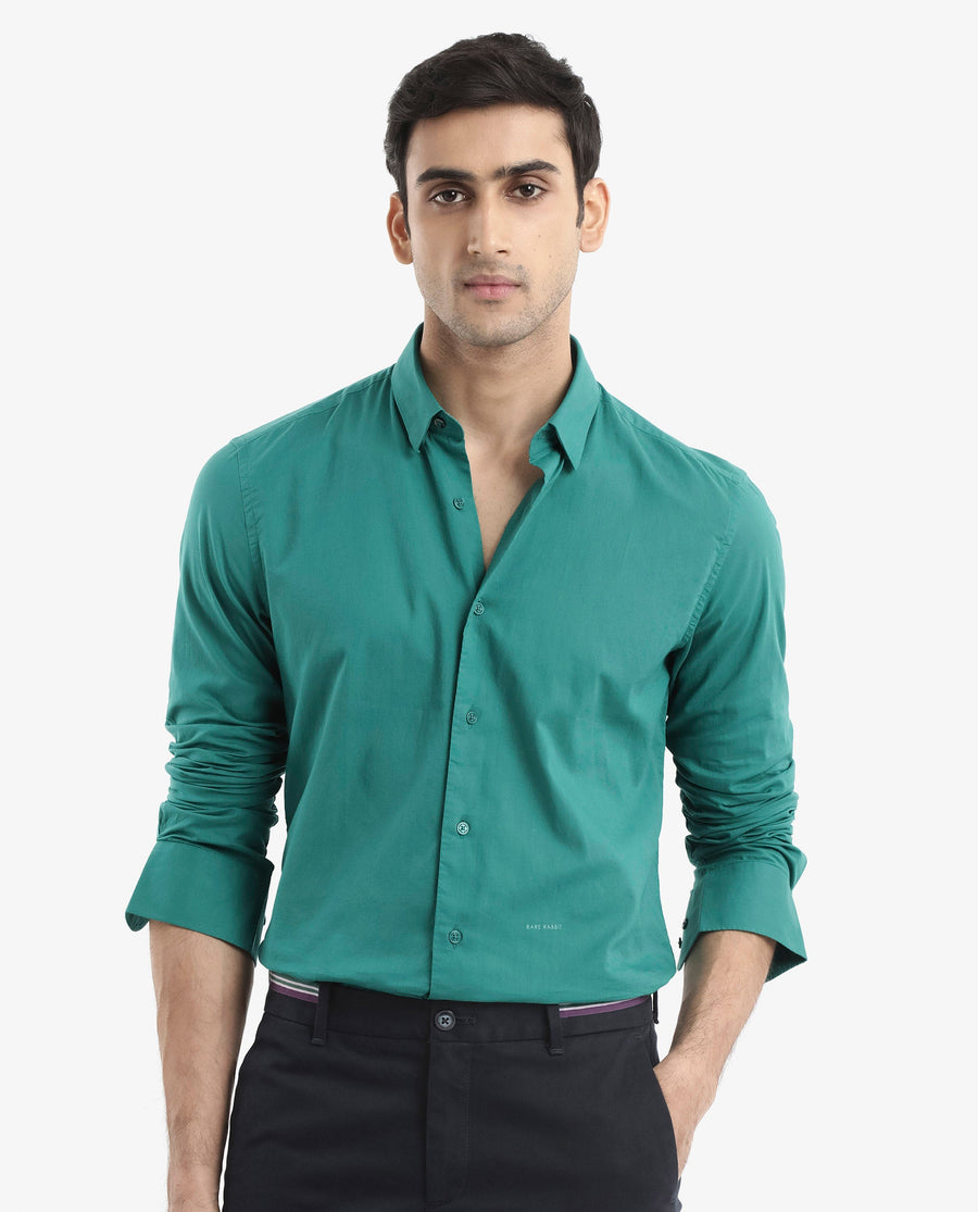Rare Rabbit Men's Cambroc Teal Cotton Plain Regular Fit Full Sleeve Collared Shirt
