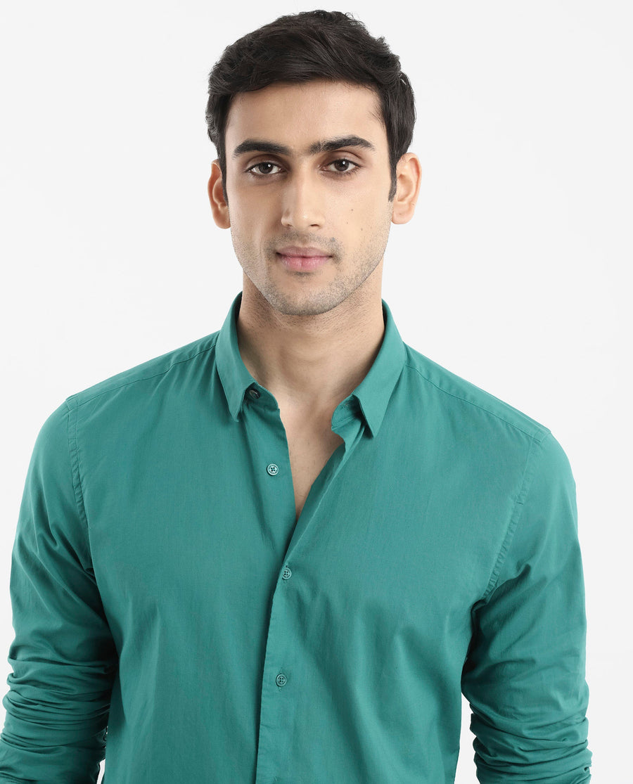 Rare Rabbit Men's Cambroc Teal Cotton Plain Regular Fit Full Sleeve Collared Shirt