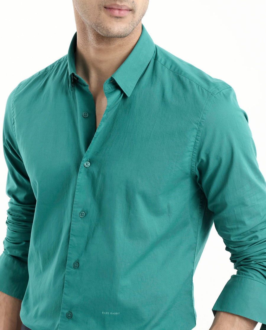 Rare Rabbit Men's Cambroc Teal Cotton Plain Regular Fit Full Sleeve Collared Shirt