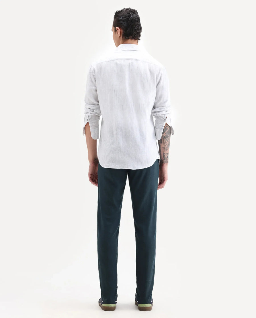 Rare Rabbit Men's Cameo Navy Linen Plain Regular Fit Trouser
