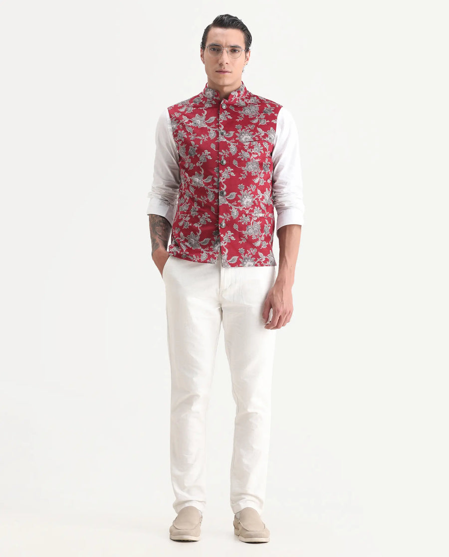 Rare Rabbit Men's Camero Dark Red Velvet Floral Print Tailored Fit Sleeveless Mandarin Collar Bandhgala