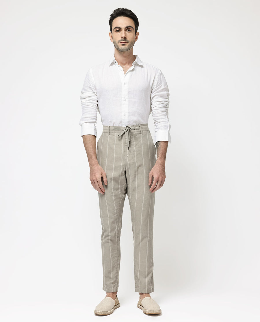 Rare Rabbit Men's Canal Grey Cotton Striped Print Regular Fit Trouser