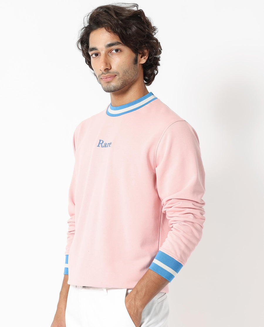 Rare Rabbit Men's Cancet Light Pink Cotton Plain Regular Fit Full Sleeve Crew Neck Sweatshirt