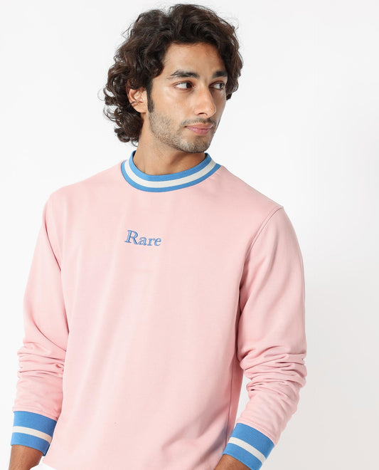 Rare Rabbit Men's Cancet Light Pink Cotton Plain Regular Fit Full Sleeve Crew Neck Sweatshirt