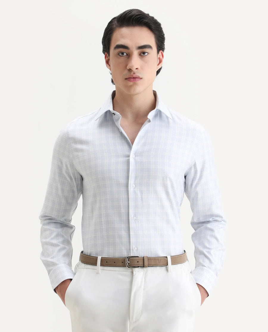 Rare Rabbit Men's Canis-25 Blue Cotton Blend Spread Collar Regular Fit Checked Shirt