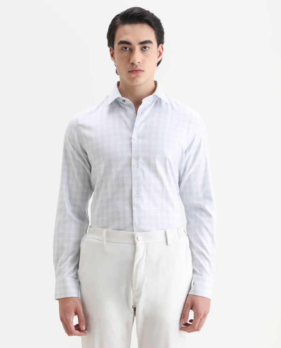 Rare Rabbit Men's Canis-25 Blue Cotton Blend Spread Collar Regular Fit Checked Shirt