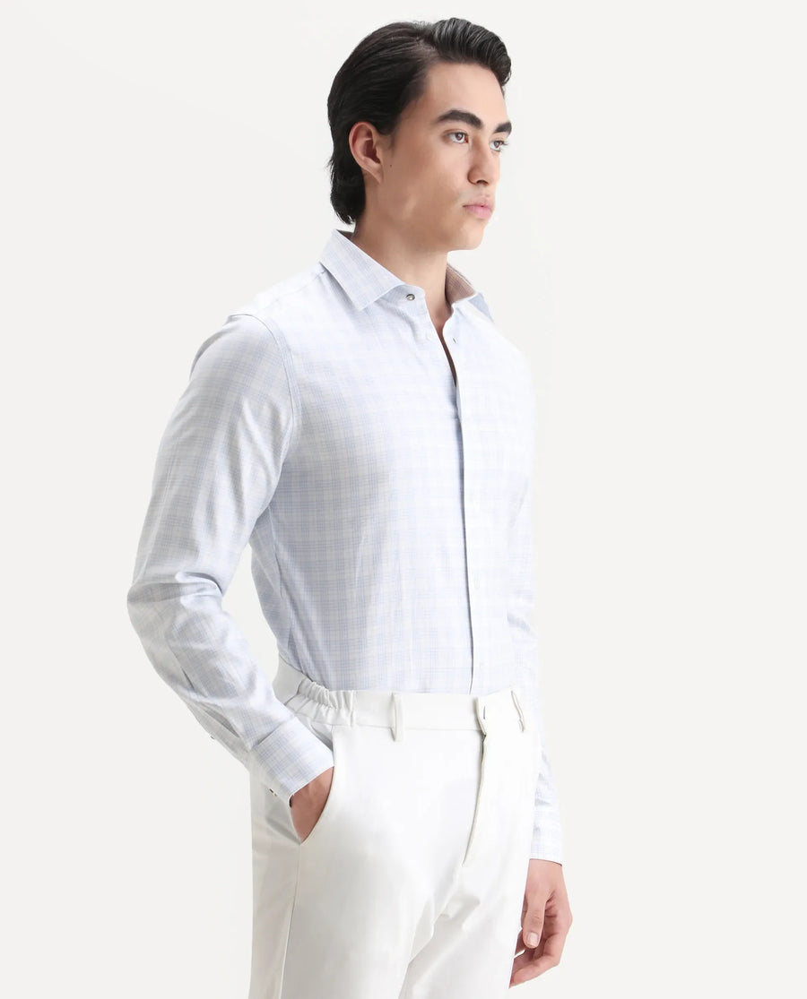 Rare Rabbit Men's Canis-25 Blue Cotton Blend Spread Collar Regular Fit Checked Shirt