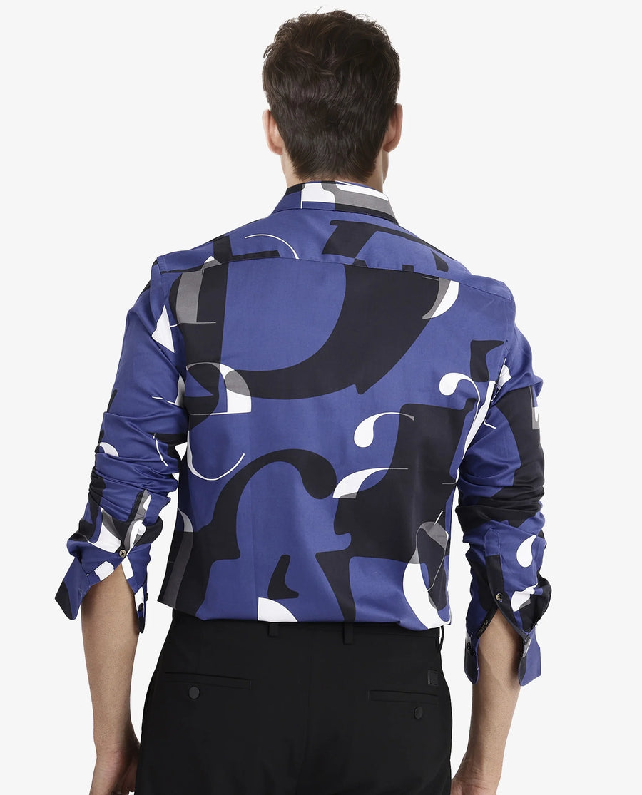 Rare Rabbit Men's Canton Blue Cotton Statement Print Regular Fit Full Sleeve Collared Shirt