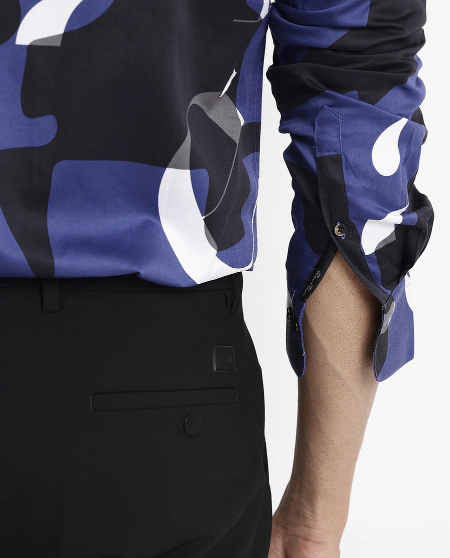 Rare Rabbit Men's Canton Blue Cotton Statement Print Regular Fit Full Sleeve Collared Shirt