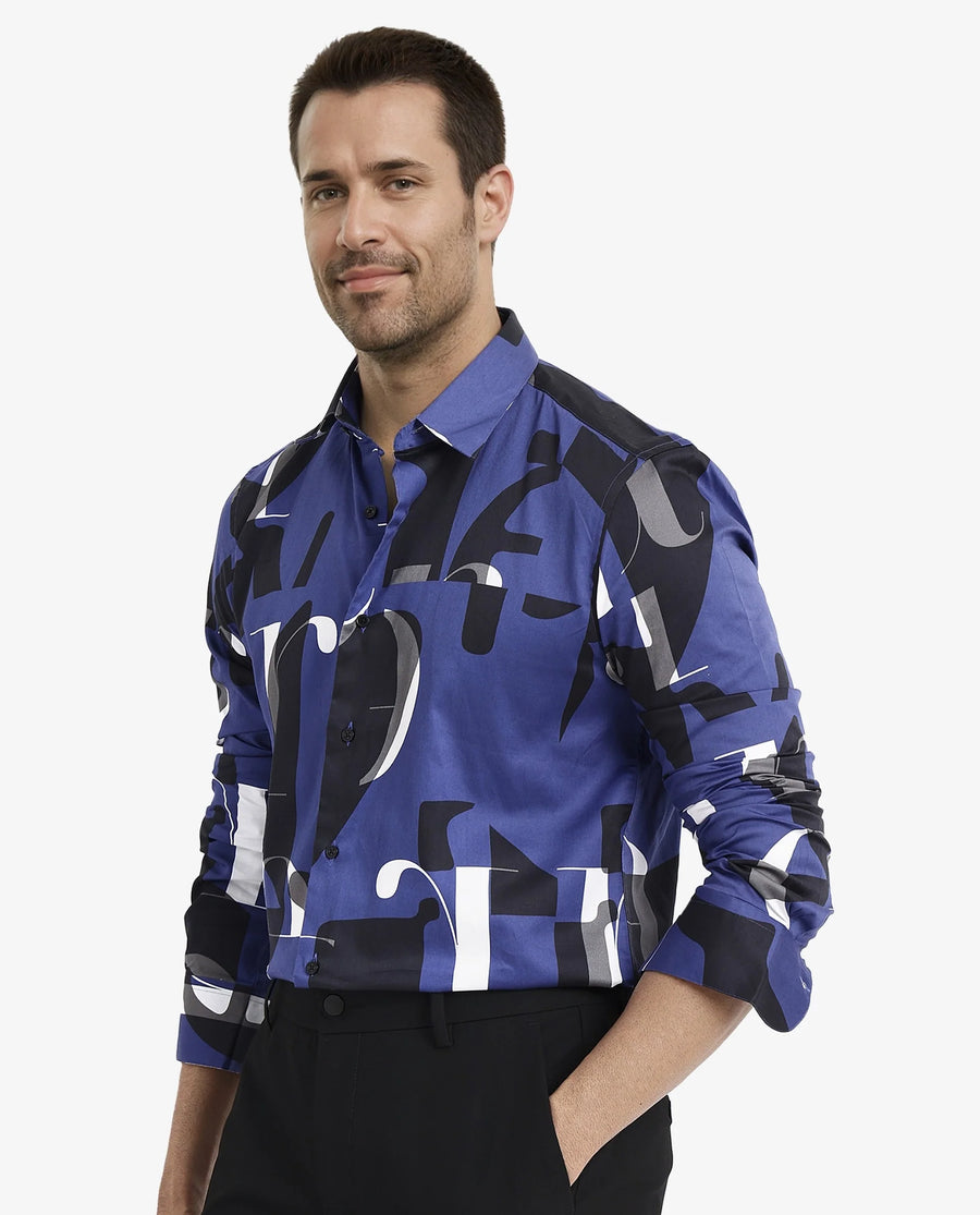 Rare Rabbit Men's Canton Blue Cotton Statement Print Regular Fit Full Sleeve Collared Shirt