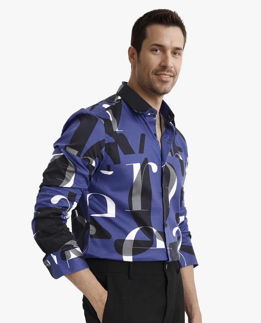 Rare Rabbit Men's Canton Blue Cotton Statement Print Regular Fit Full Sleeve Collared Shirt