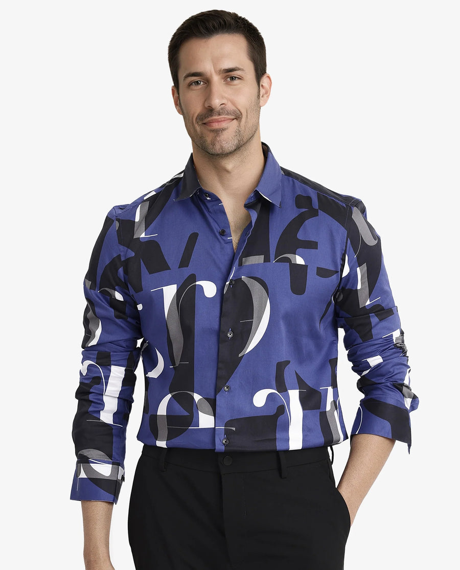 Rare Rabbit Men's Canton Blue Cotton Statement Print Regular Fit Full Sleeve Collared Shirt