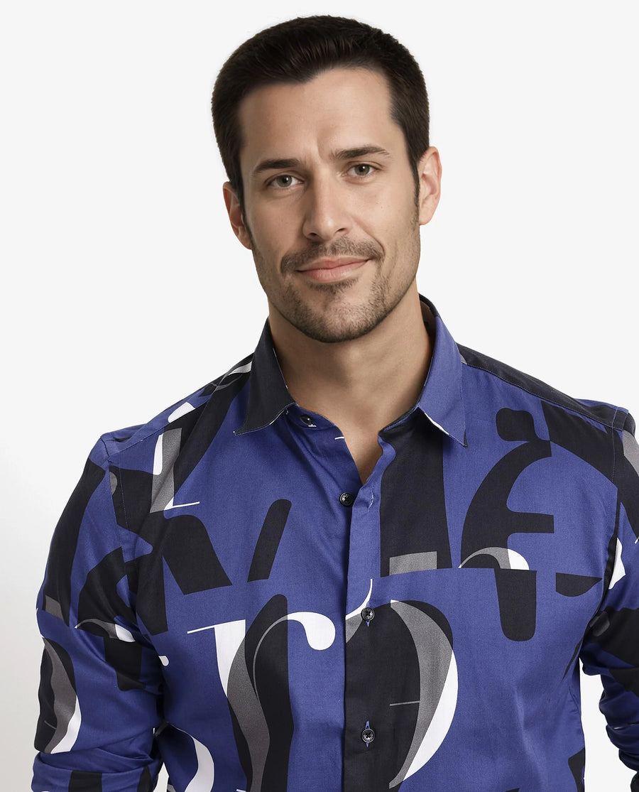 Rare Rabbit Men's Canton Blue Cotton Statement Print Regular Fit Full Sleeve Collared Shirt