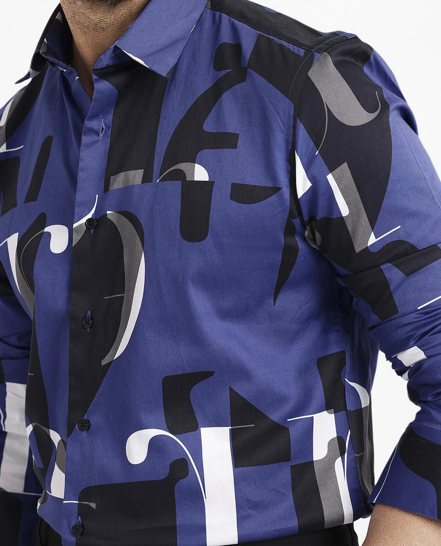 Rare Rabbit Men's Canton Blue Cotton Statement Print Regular Fit Full Sleeve Collared Shirt