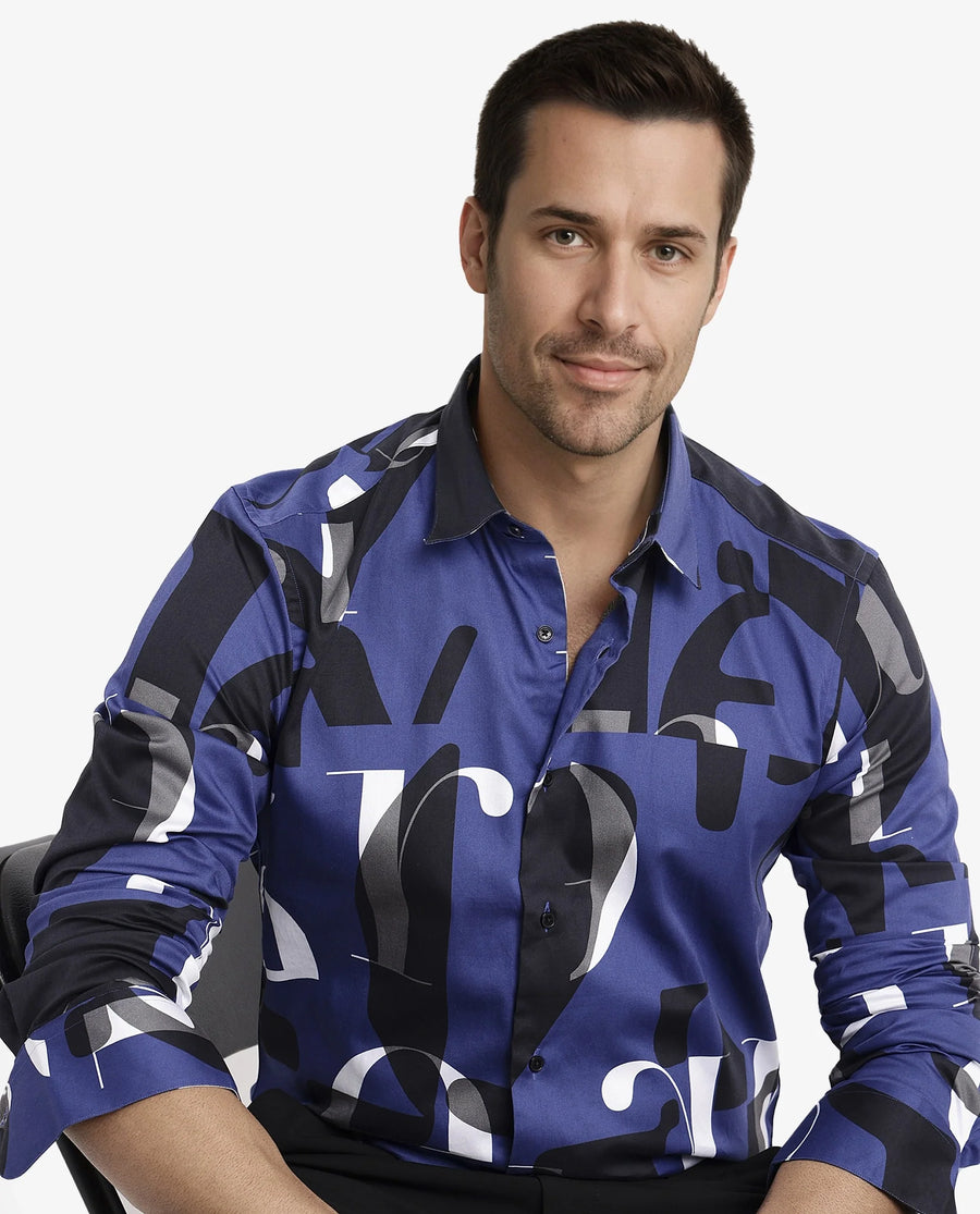 Rare Rabbit Men's Canton Blue Cotton Statement Print Regular Fit Full Sleeve Collared Shirt
