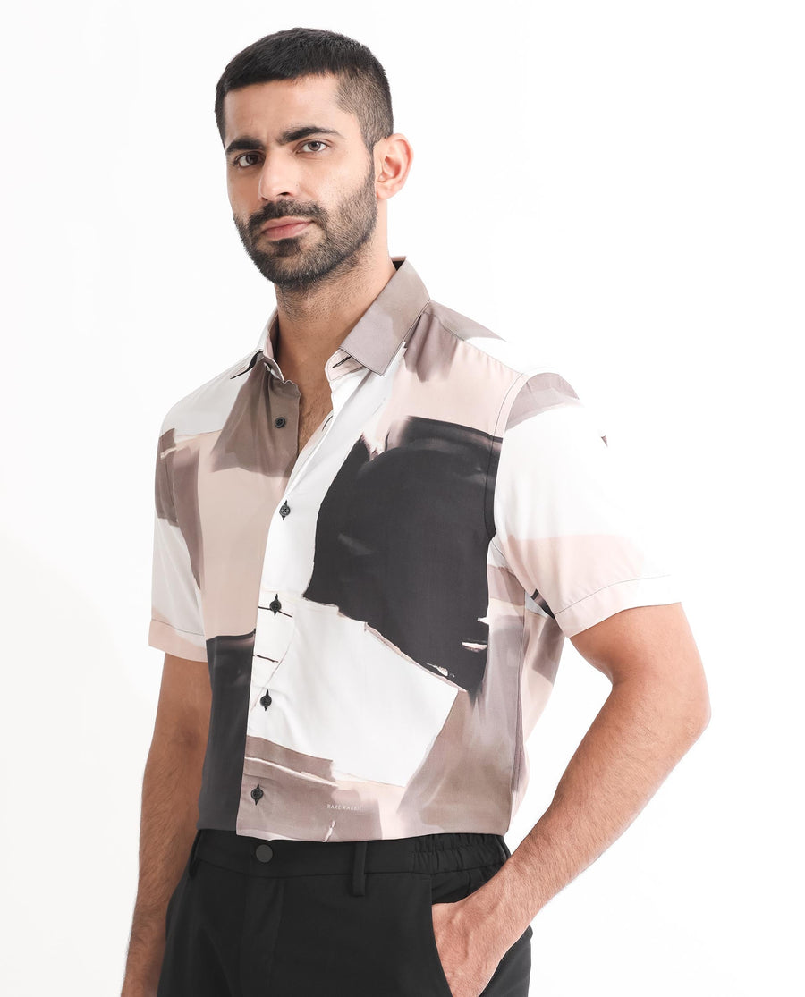 Rare Rabbit Men's Canvas Beige Viscose Abstract Print Regular Fit Half Sleeve Collared Shirt