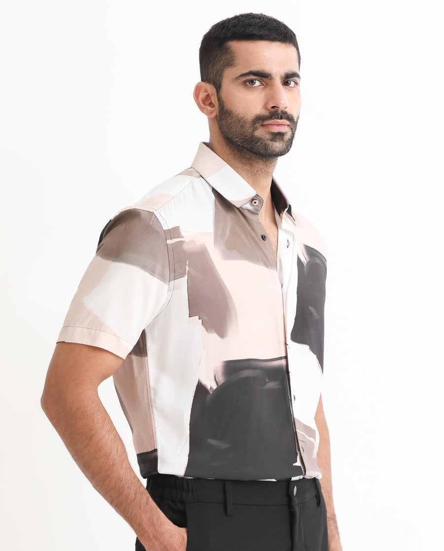 Rare Rabbit Men's Canvas Beige Viscose Abstract Print Regular Fit Half Sleeve Collared Shirt