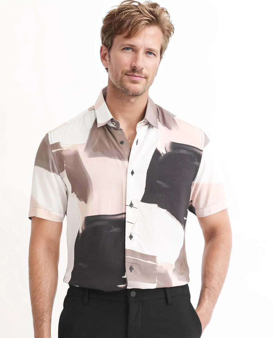Rare Rabbit Men's Canvas Beige Viscose Abstract Print Regular Fit Half Sleeve Collared Shirt