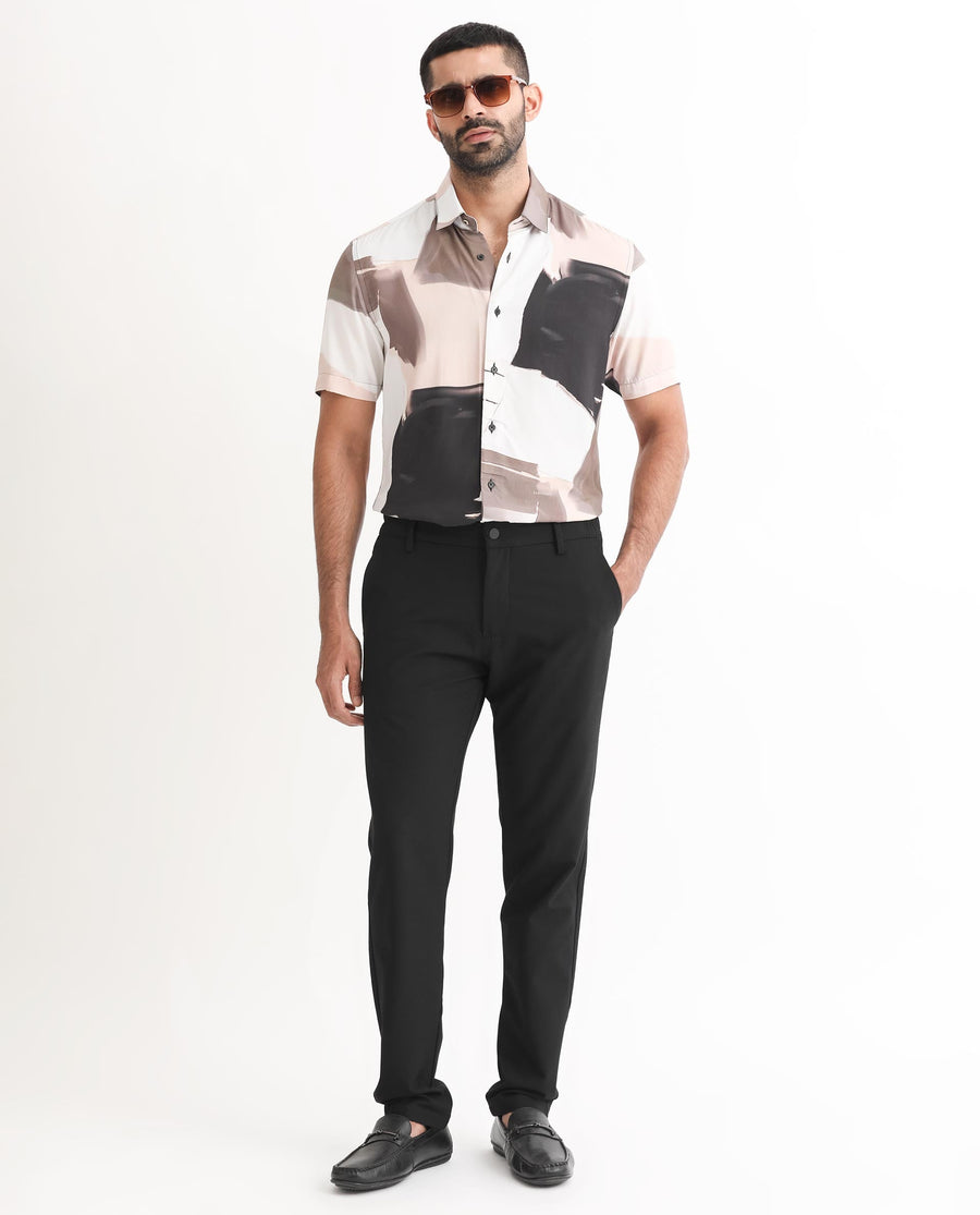 Rare Rabbit Men's Canvas Beige Viscose Abstract Print Regular Fit Half Sleeve Collared Shirt