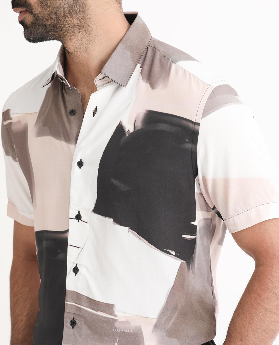 Rare Rabbit Men's Canvas Beige Viscose Abstract Print Regular Fit Half Sleeve Collared Shirt