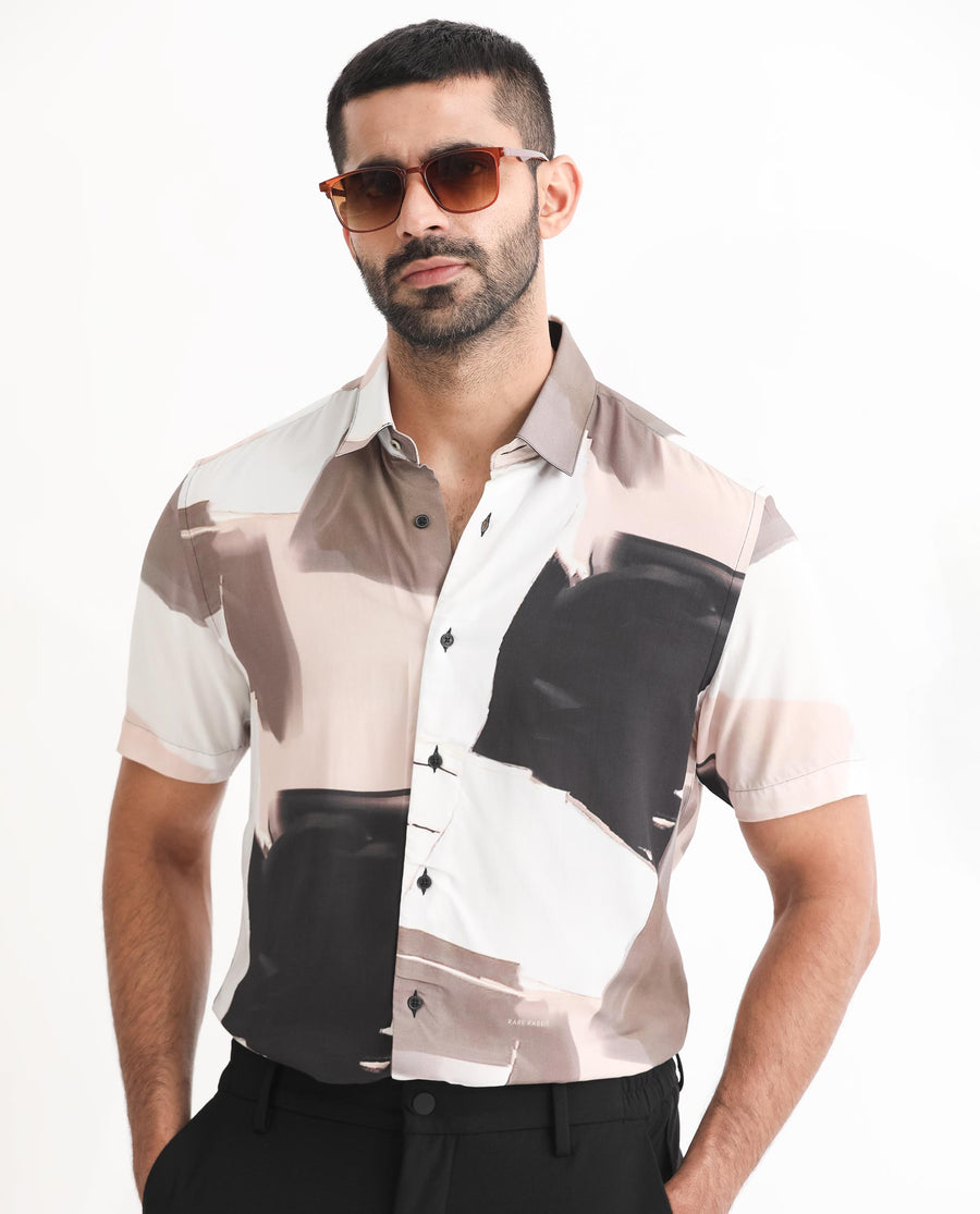 Rare Rabbit Men's Canvas Beige Viscose Abstract Print Regular Fit Half Sleeve Collared Shirt
