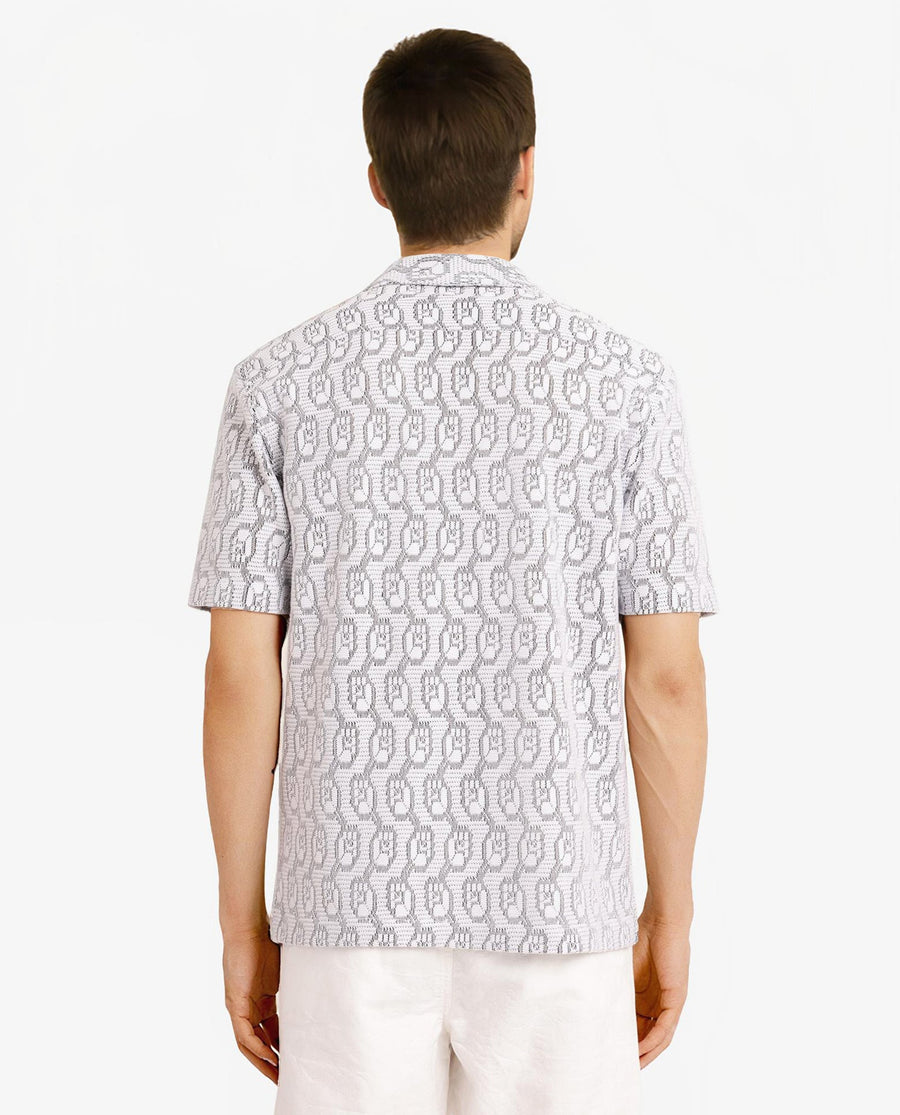Rare Rabbit Men's Canyon Off White Cotton Blend Jacquard Boxy Fit Half Sleeve Cuban Collar Shirt