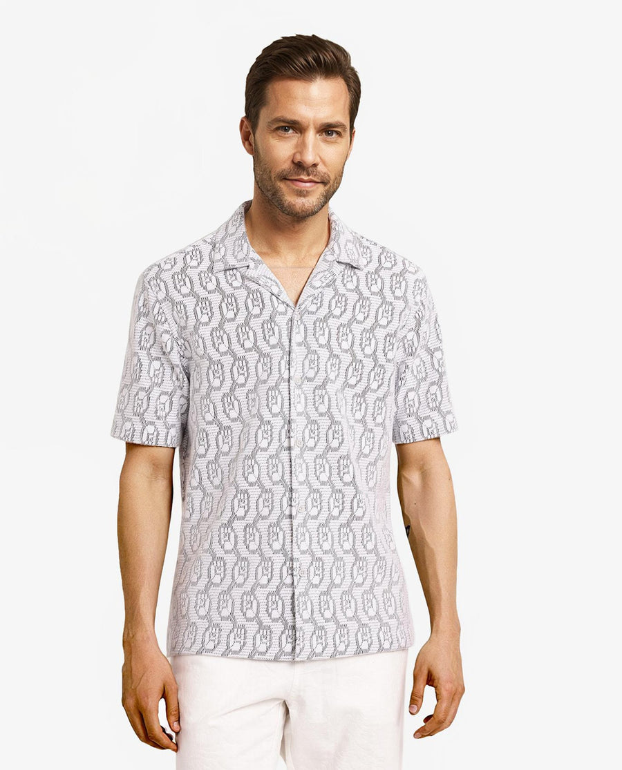 Rare Rabbit Men's Canyon Off White Cotton Blend Jacquard Boxy Fit Half Sleeve Cuban Collar Shirt