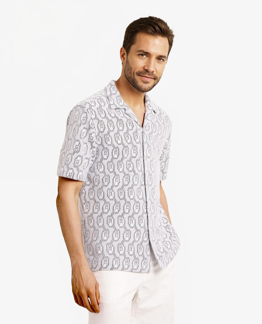 Rare Rabbit Men's Canyon Off White Cotton Blend Jacquard Boxy Fit Half Sleeve Cuban Collar Shirt