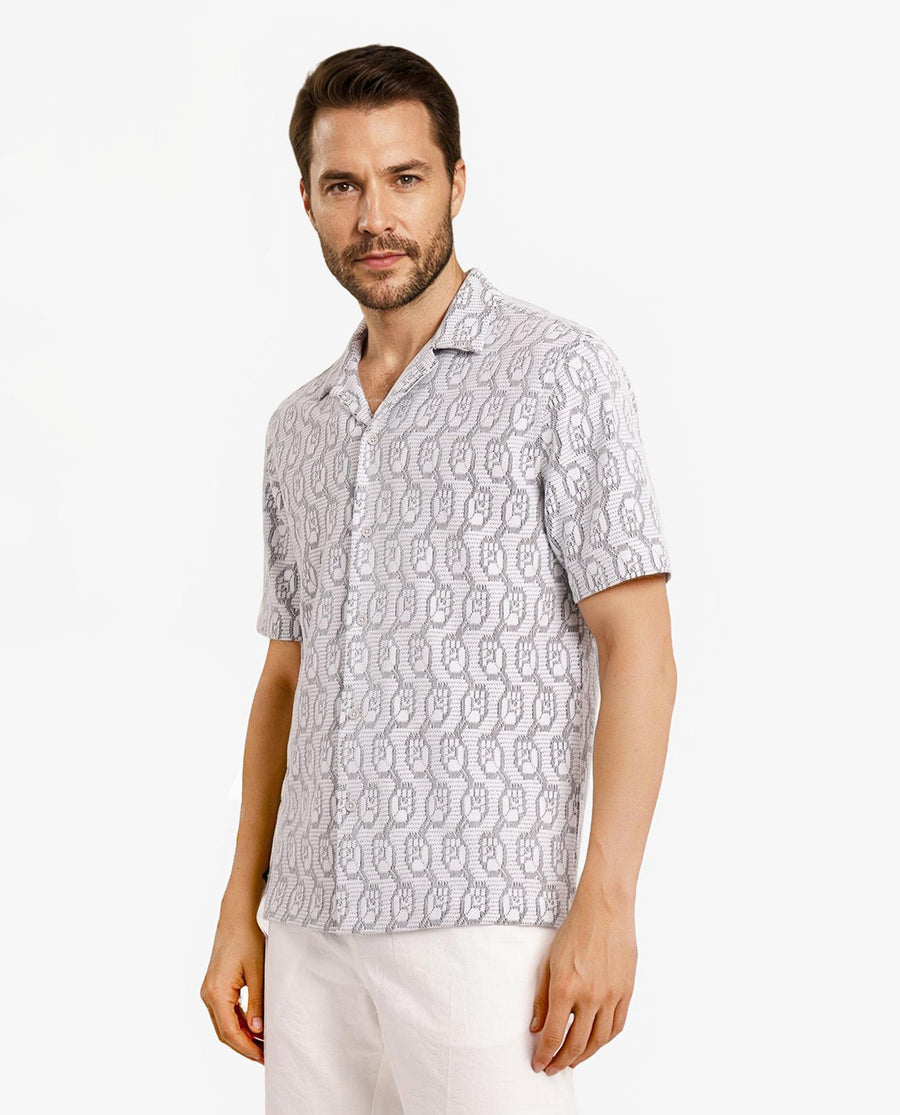Rare Rabbit Men's Canyon Off White Cotton Blend Jacquard Boxy Fit Half Sleeve Cuban Collar Shirt