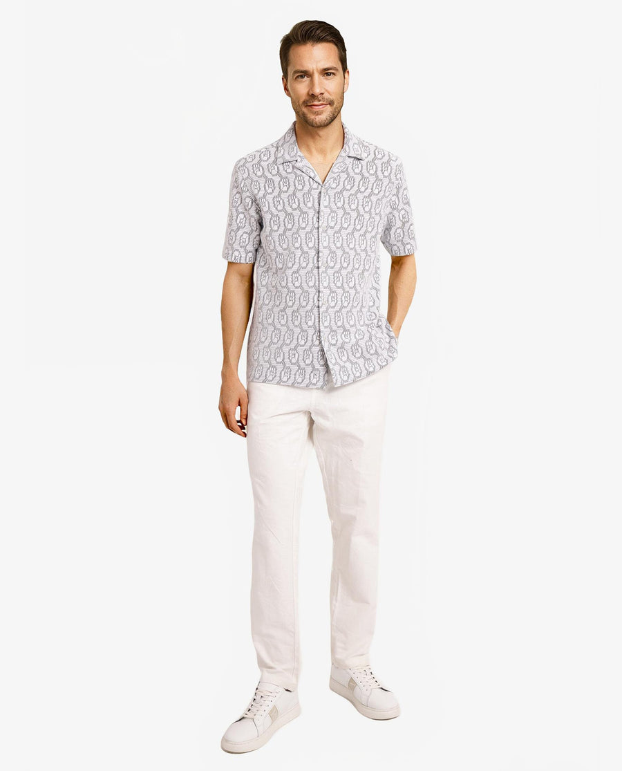Rare Rabbit Men's Canyon Off White Cotton Blend Jacquard Boxy Fit Half Sleeve Cuban Collar Shirt