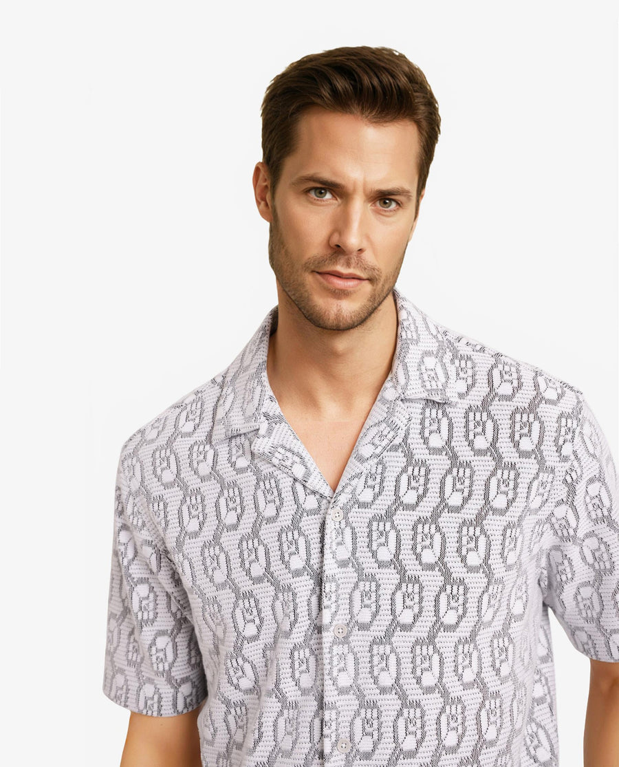 Rare Rabbit Men's Canyon Off White Cotton Blend Jacquard Boxy Fit Half Sleeve Cuban Collar Shirt