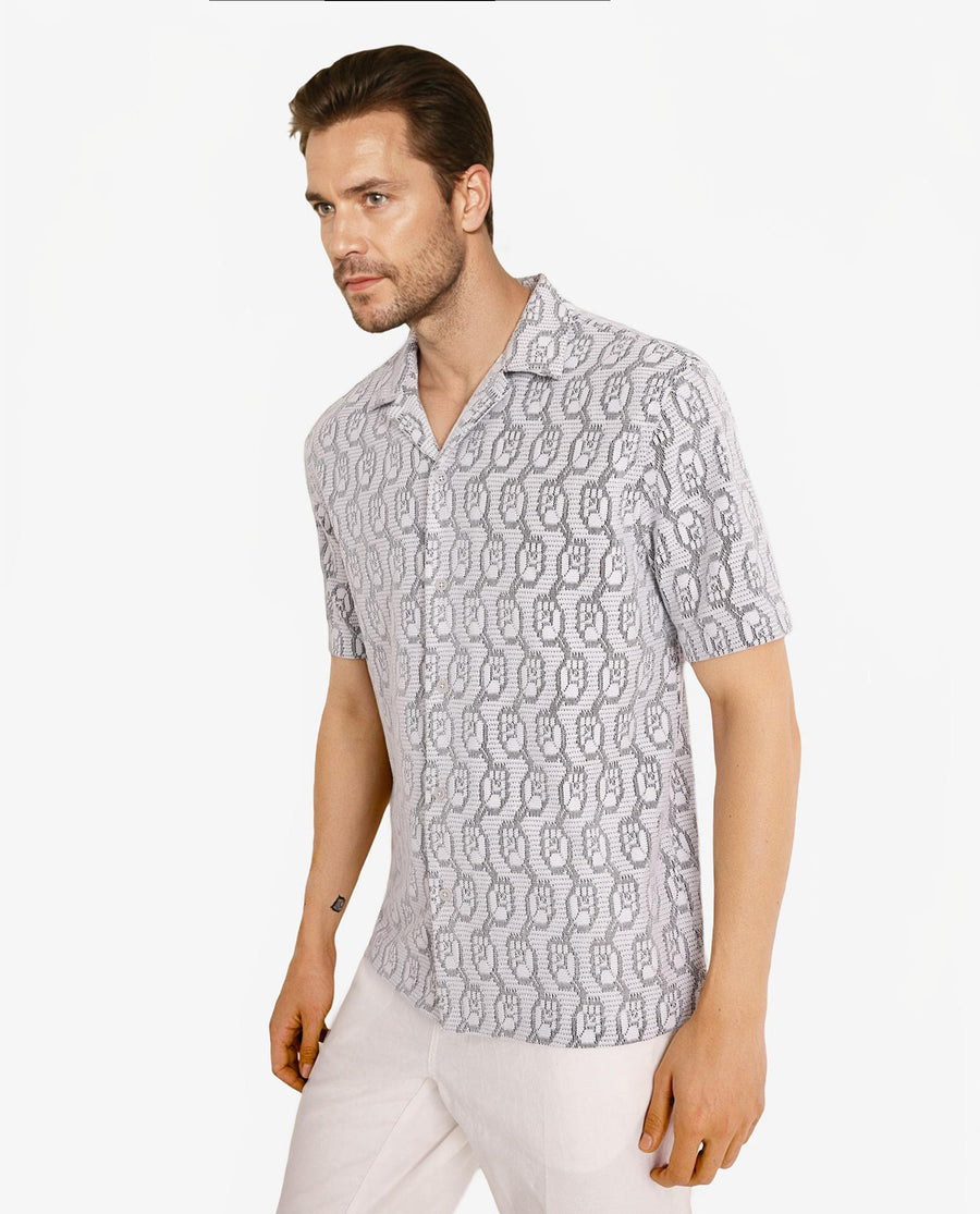 Rare Rabbit Men's Canyon Off White Cotton Blend Jacquard Boxy Fit Half Sleeve Cuban Collar Shirt