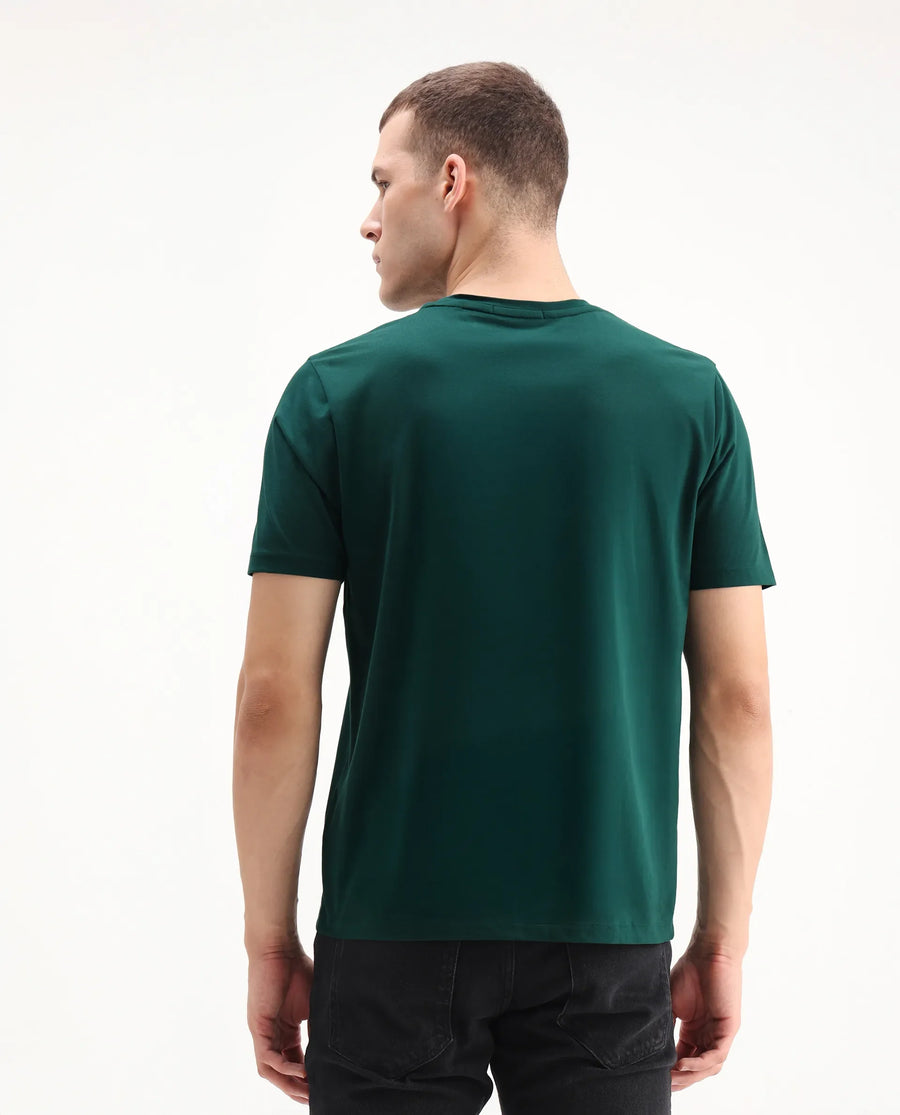 Rare Rabbit Men's Cap Dark Green Cotton Blend Graphic Print Regular Fit Half Sleeve Crew Neck T-Shirt