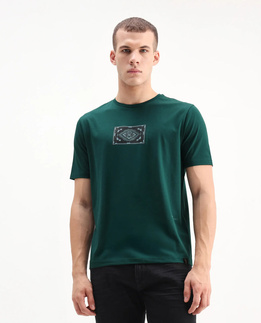 Rare Rabbit Men's Cap Dark Green Cotton Blend Graphic Print Regular Fit Half Sleeve Crew Neck T-Shirt