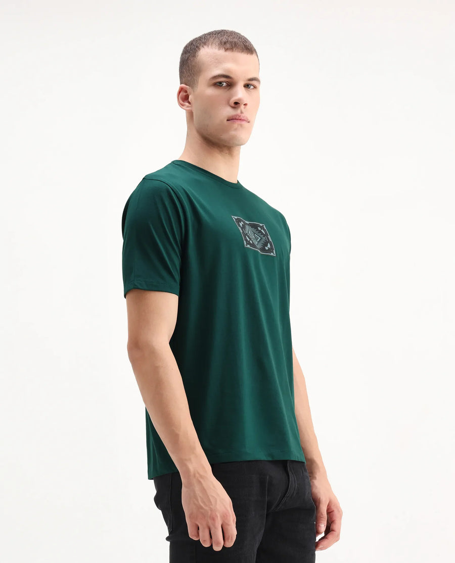 Rare Rabbit Men's Cap Dark Green Cotton Blend Graphic Print Regular Fit Half Sleeve Crew Neck T-Shirt
