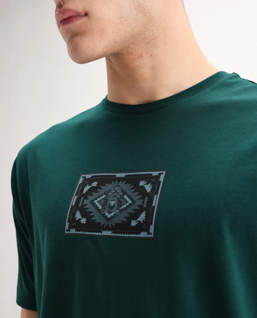 Rare Rabbit Men's Cap Dark Green Cotton Blend Graphic Print Regular Fit Half Sleeve Crew Neck T-Shirt