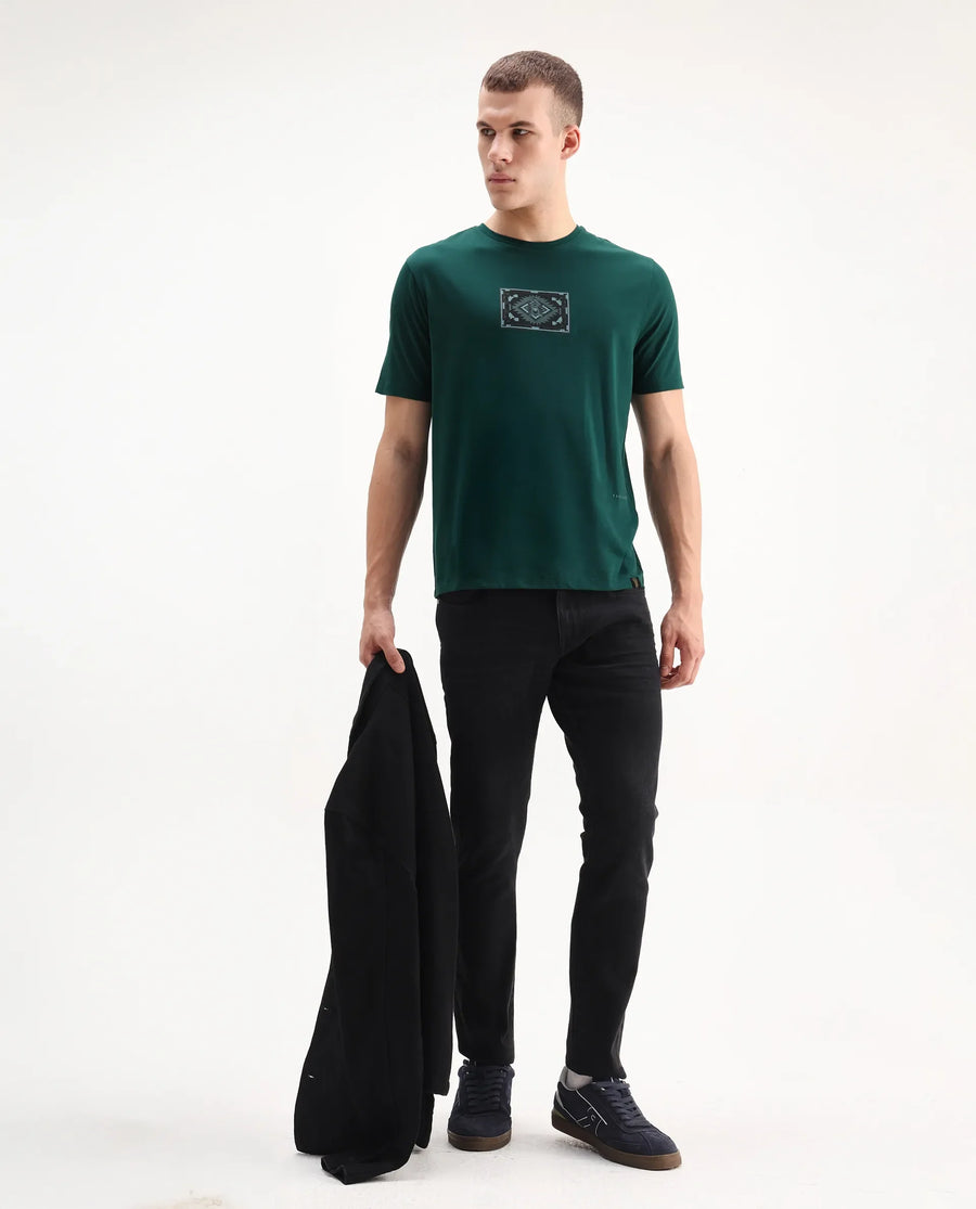Rare Rabbit Men's Cap Dark Green Cotton Blend Graphic Print Regular Fit Half Sleeve Crew Neck T-Shirt