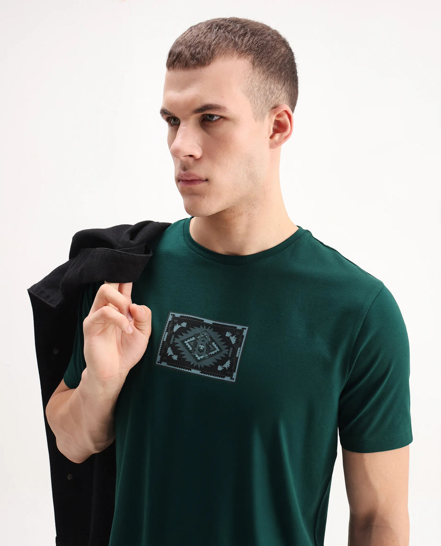 Rare Rabbit Men's Cap Dark Green Cotton Blend Graphic Print Regular Fit Half Sleeve Crew Neck T-Shirt