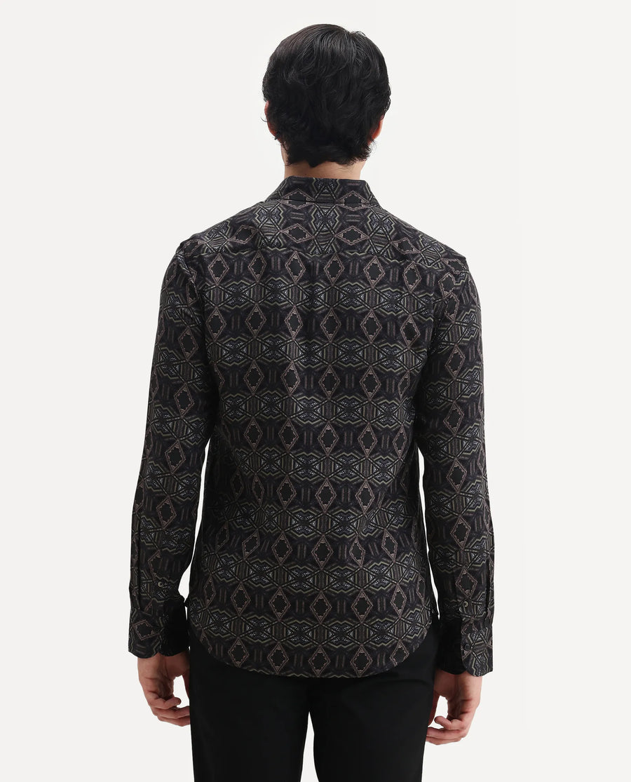 Rare Rabbit Men's Guild Statement Capel Black Viscose Geometric Print Regular Fit Full Sleeve Collared Shirt