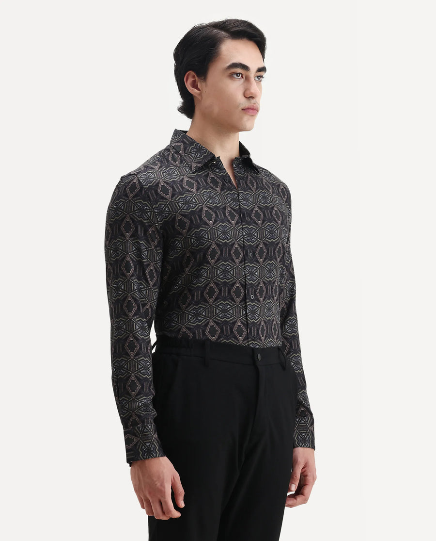 Rare Rabbit Men's Guild Statement Capel Black Viscose Geometric Print Regular Fit Full Sleeve Collared Shirt