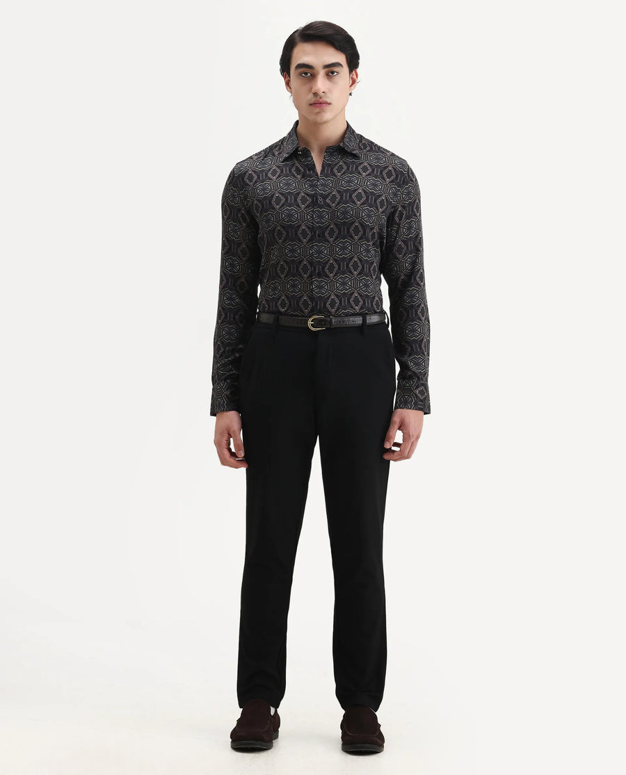Rare Rabbit Men's Guild Statement Capel Black Viscose Geometric Print Regular Fit Full Sleeve Collared Shirt