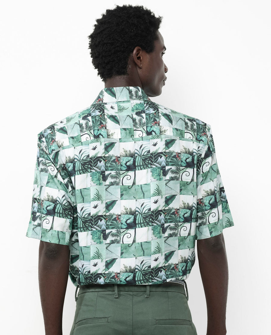 Rare Rabbit Men's Caph Green Viscose Tropical Print Boxy Fit Half Sleeve Collared Shirt