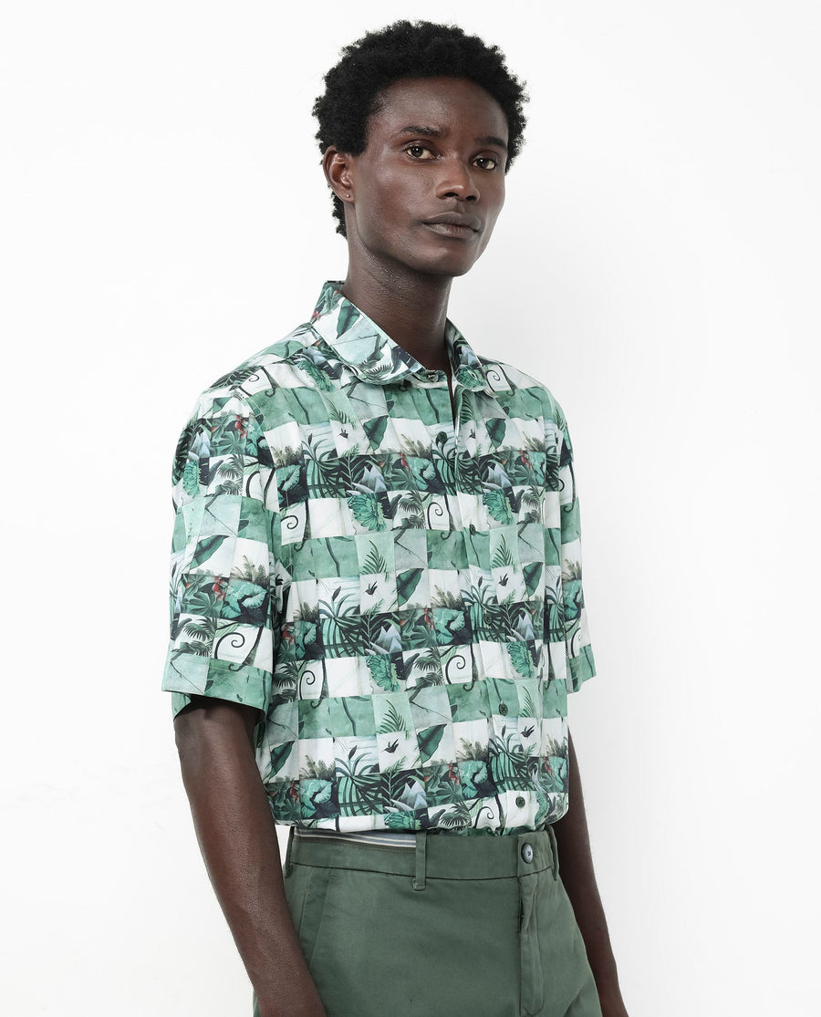 Rare Rabbit Men's Caph Green Viscose Tropical Print Boxy Fit Half Sleeve Collared Shirt