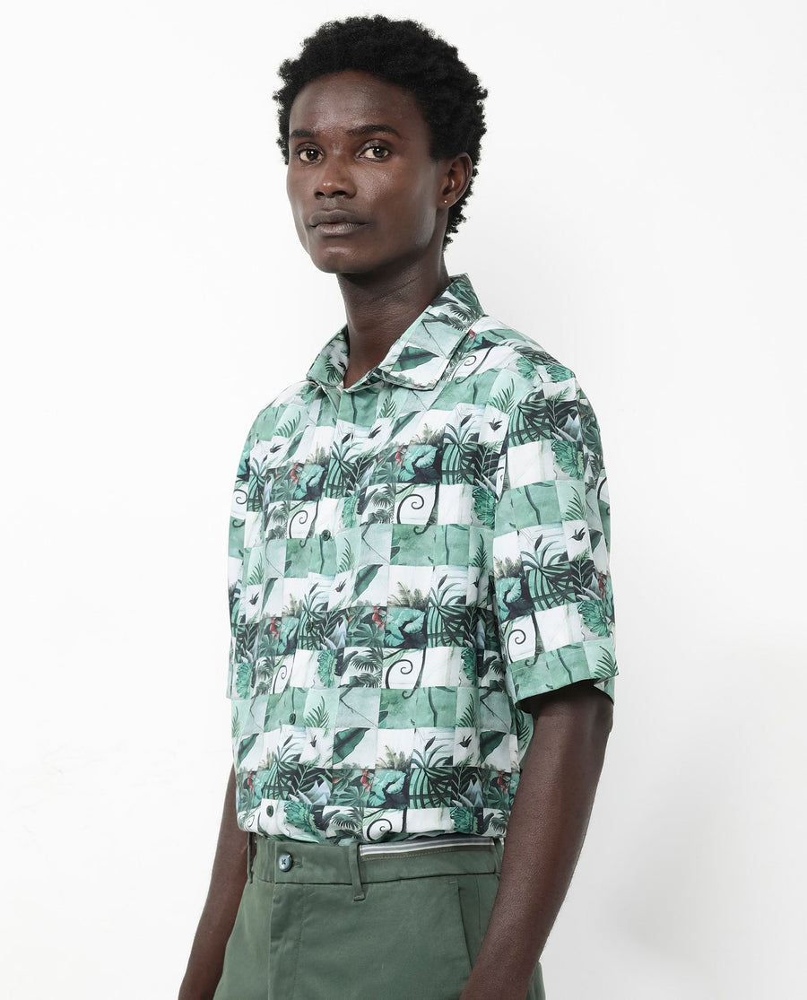Rare Rabbit Men's Caph Green Viscose Tropical Print Boxy Fit Half Sleeve Collared Shirt