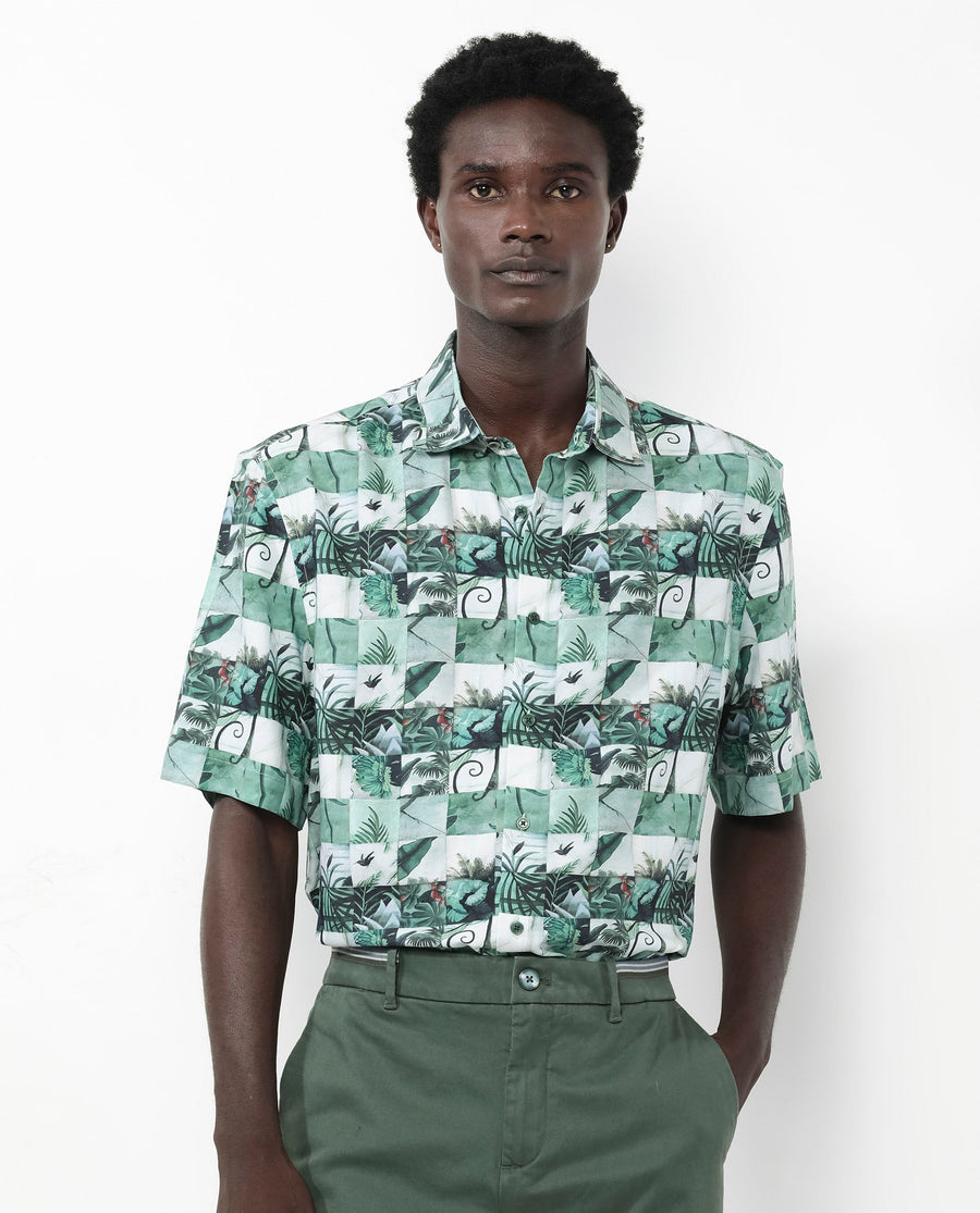 Rare Rabbit Men's Caph Green Viscose Tropical Print Boxy Fit Half Sleeve Collared Shirt