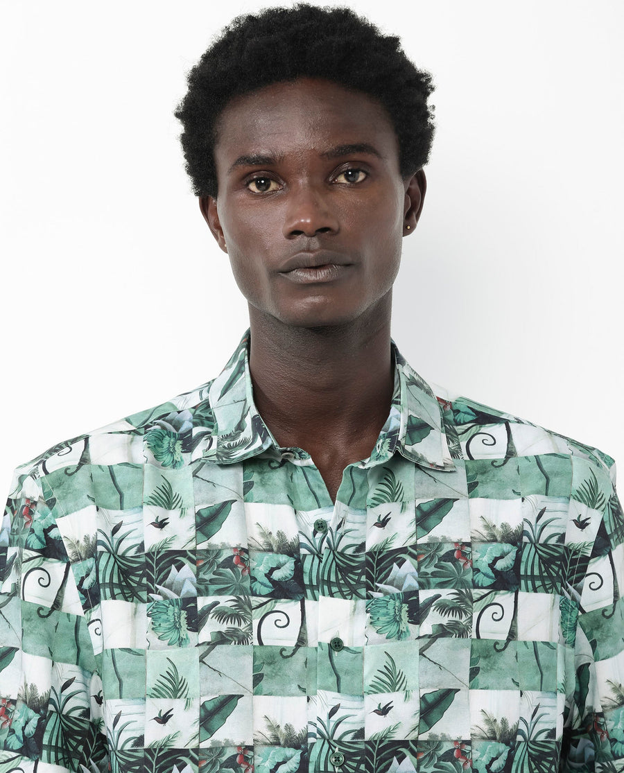 Rare Rabbit Men's Caph Green Viscose Tropical Print Boxy Fit Half Sleeve Collared Shirt