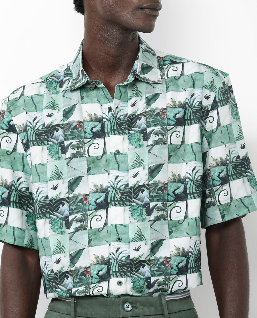 Rare Rabbit Men's Caph Green Viscose Tropical Print Boxy Fit Half Sleeve Collared Shirt
