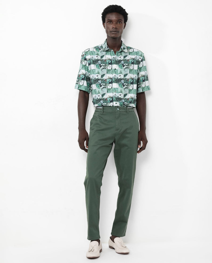 Rare Rabbit Men's Caph Green Viscose Tropical Print Boxy Fit Half Sleeve Collared Shirt