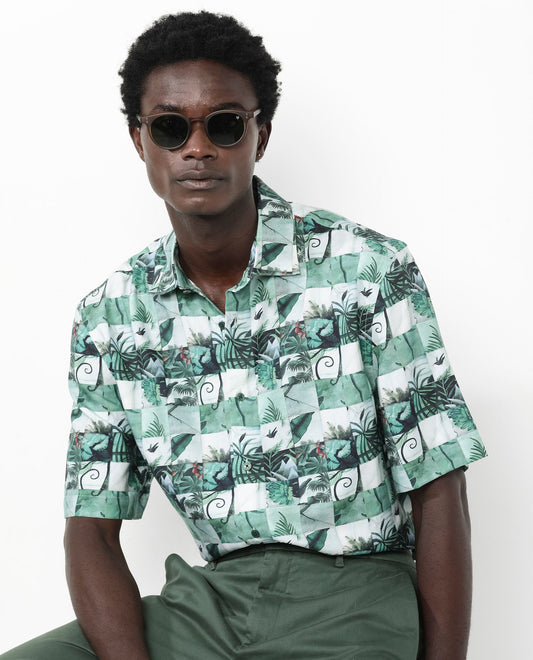 Rare Rabbit Men's Caph Green Viscose Tropical Print Boxy Fit Half Sleeve Collared Shirt