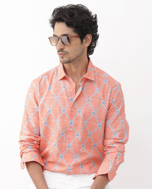 Rare Rabbit Men's Cardoz Orange Viscose Decorative Print Regular Fit Full Sleeve Spread Collar Shirt